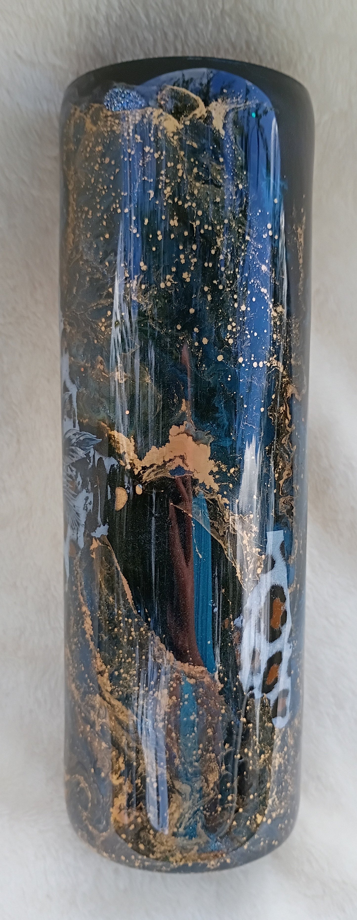 30 oz Wild Elegance Tumbler β Blue & Gold Alcohol Ink Swirl with Leopard and Floral Accents