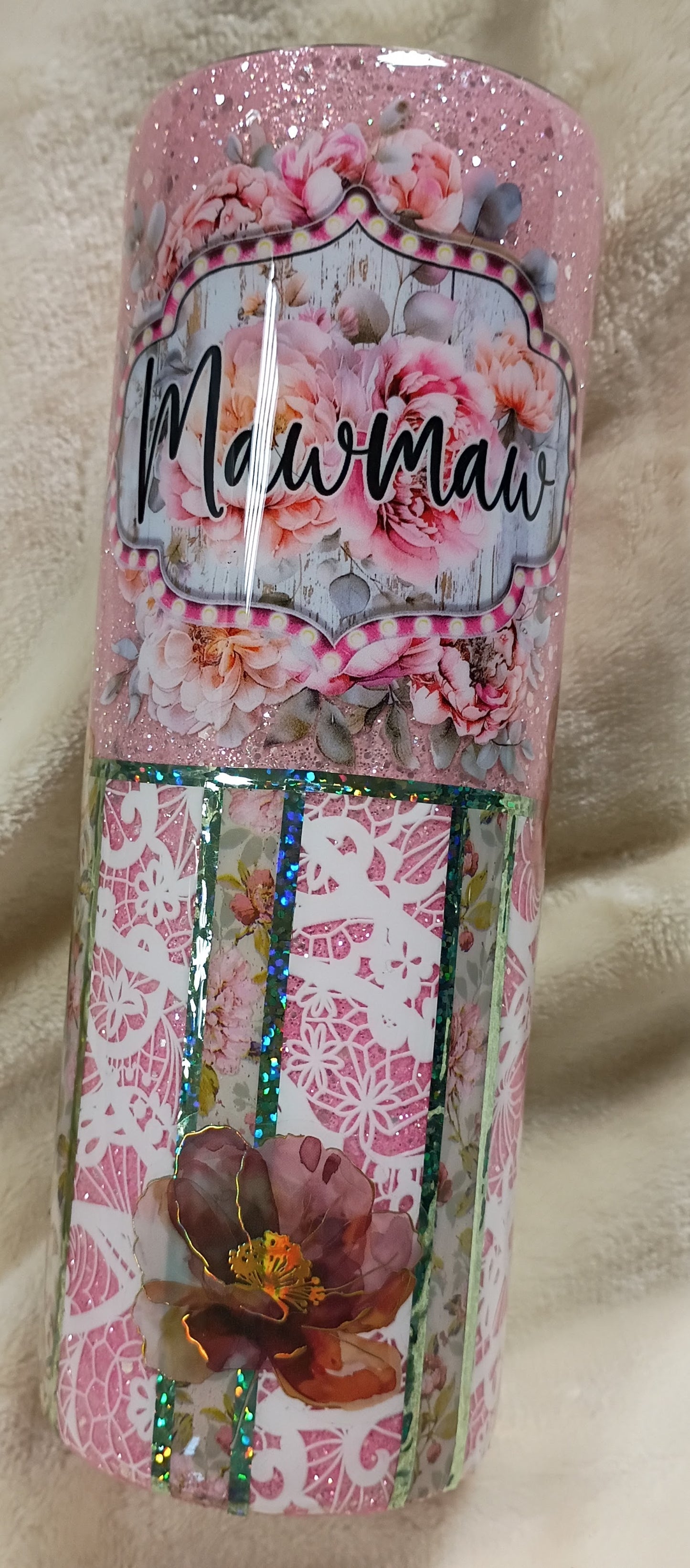 MawMaw’s Pink Blossom Glitter Tumbler – 20oz