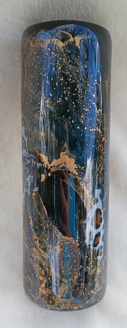 30 oz Wild Elegance Tumbler – Blue & Gold Alcohol Ink Swirl with Leopard and Floral Accents