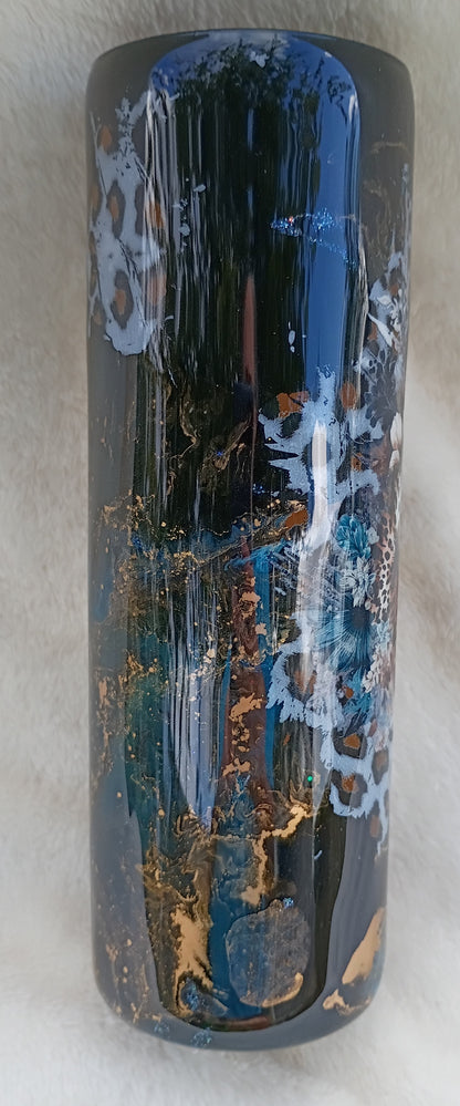 30 oz Wild Elegance Tumbler – Blue & Gold Alcohol Ink Swirl with Leopard and Floral Accents