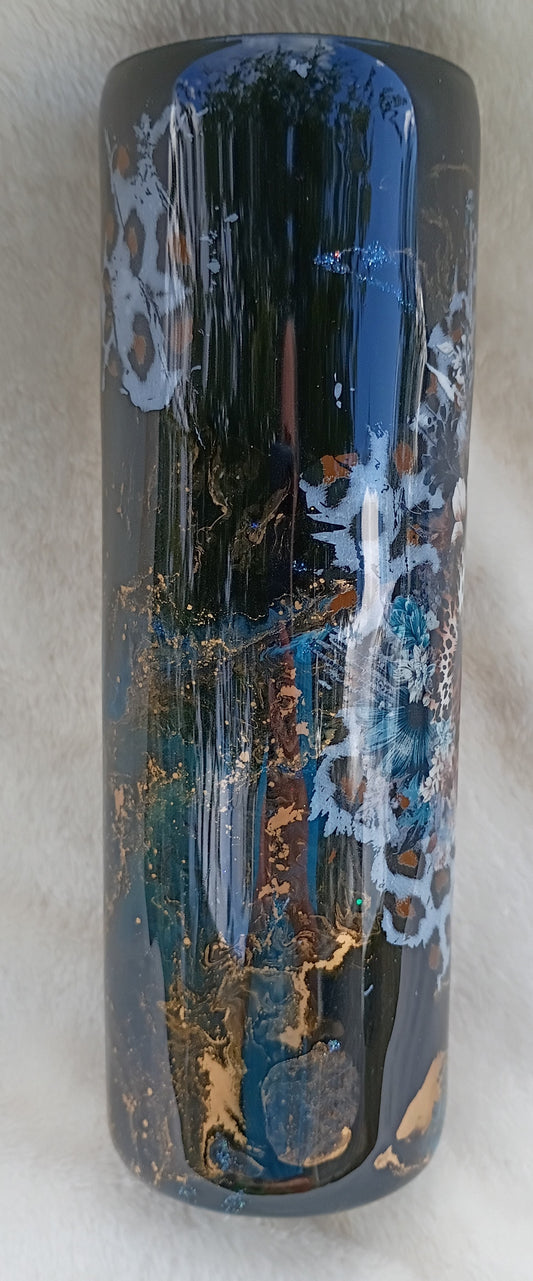 30 oz Wild Elegance Tumbler – Blue & Gold Alcohol Ink Swirl with Leopard and Floral Accents