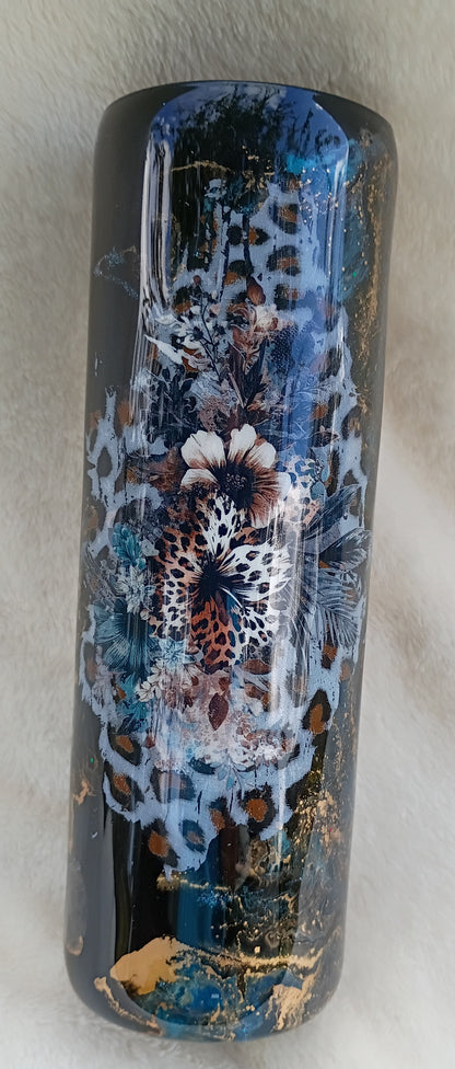 30 oz Wild Elegance Tumbler – Blue & Gold Alcohol Ink Swirl with Leopard and Floral Accents