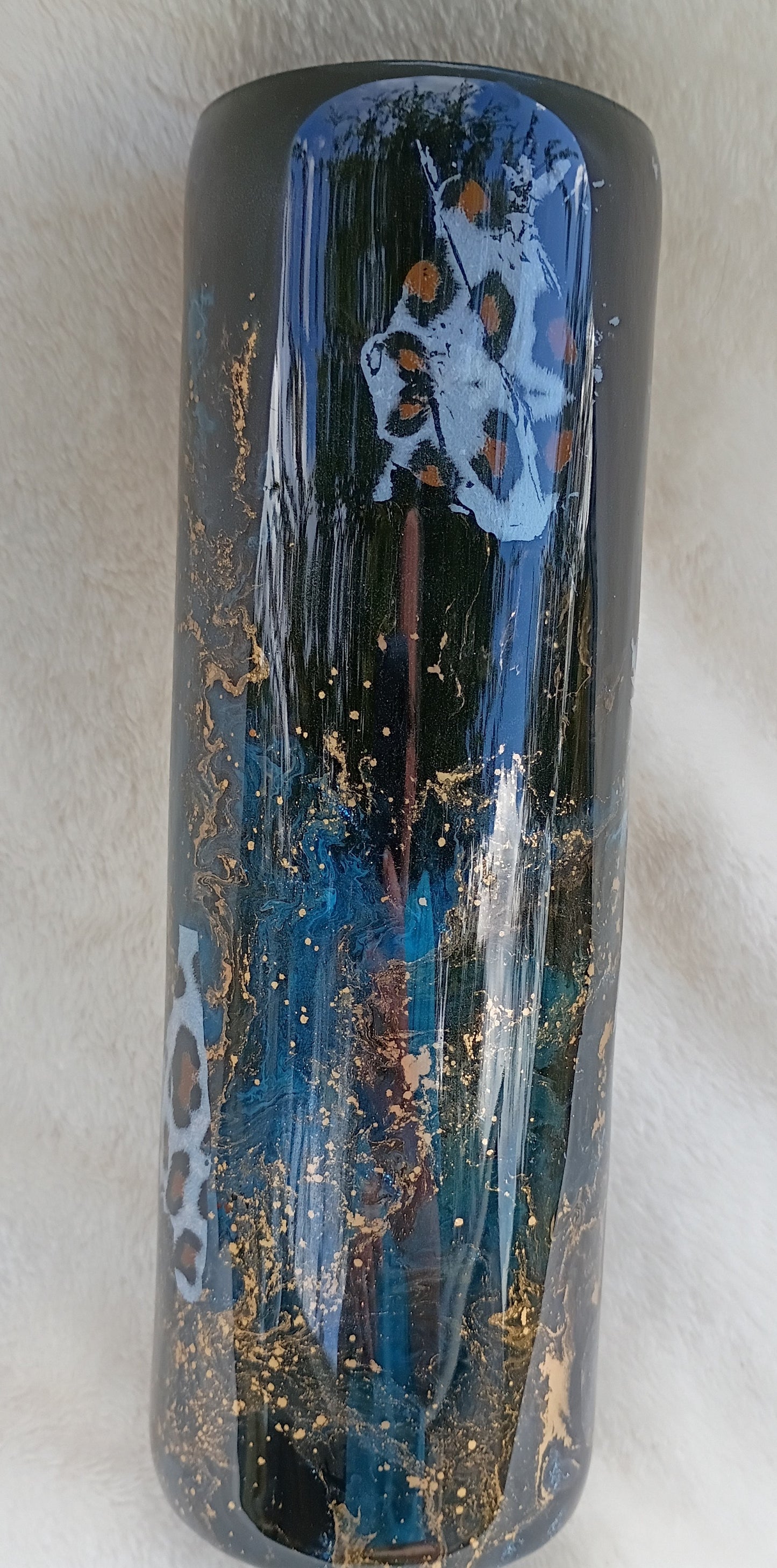 30 oz Wild Elegance Tumbler – Blue & Gold Alcohol Ink Swirl with Leopard and Floral Accents