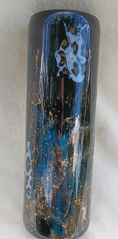 30 oz Wild Elegance Tumbler – Blue & Gold Alcohol Ink Swirl with Leopard and Floral Accents